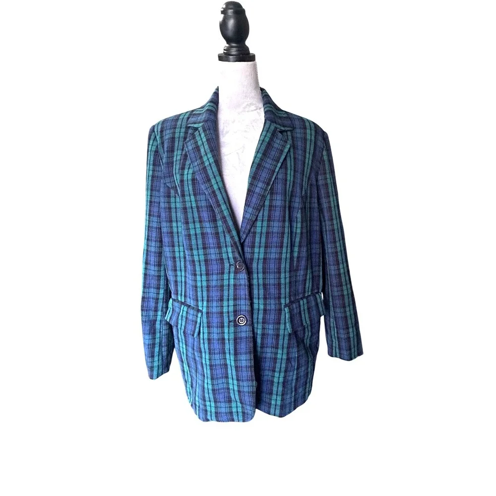 Vintage 80's Retro Roaman's Plaid Blazer Jacket Blue Green Career‎ Casual 16W